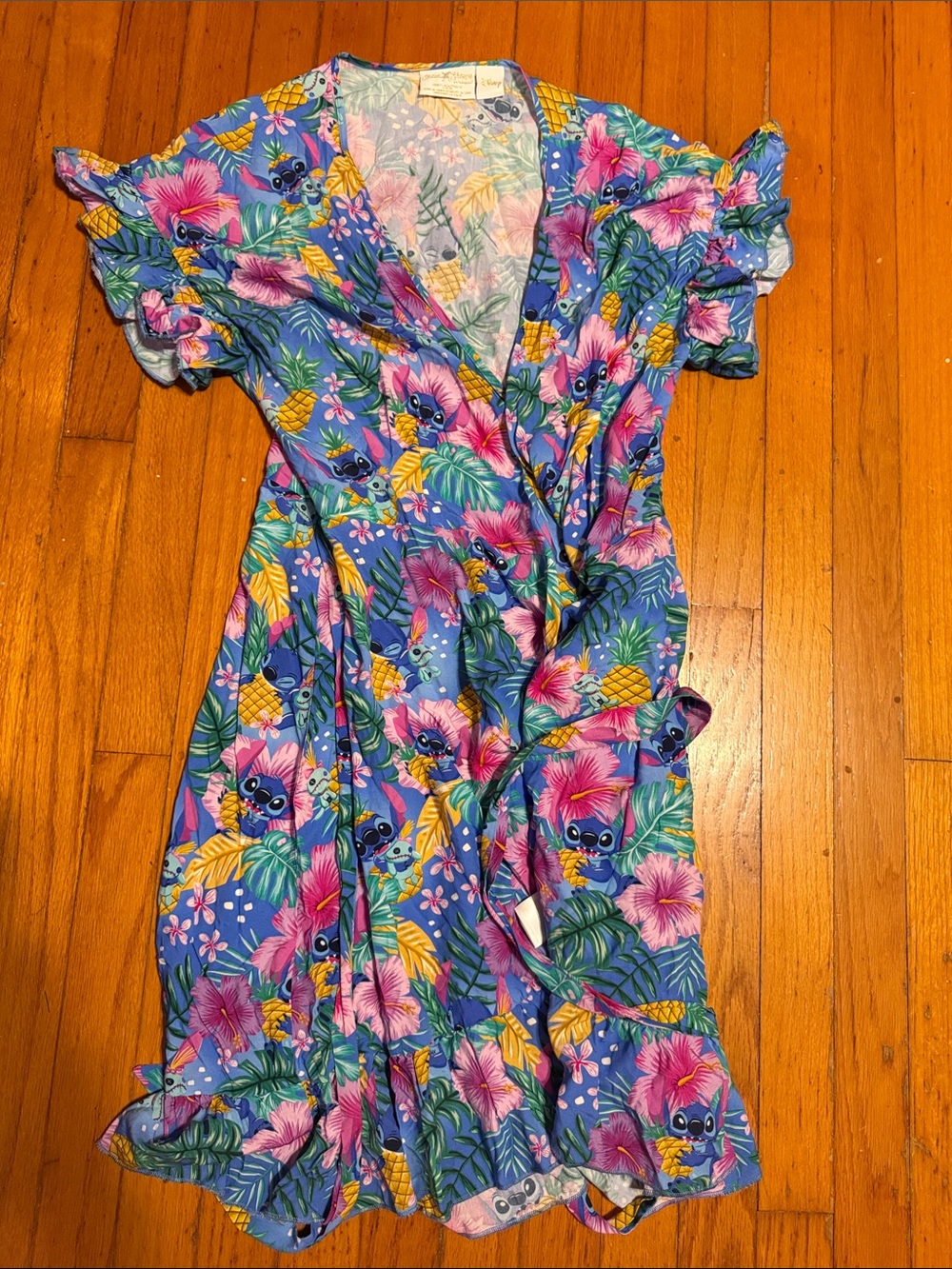 Loungefly stitch Disney Tropical Print Blue Wrap Dress with Ruffle Hem large GUC